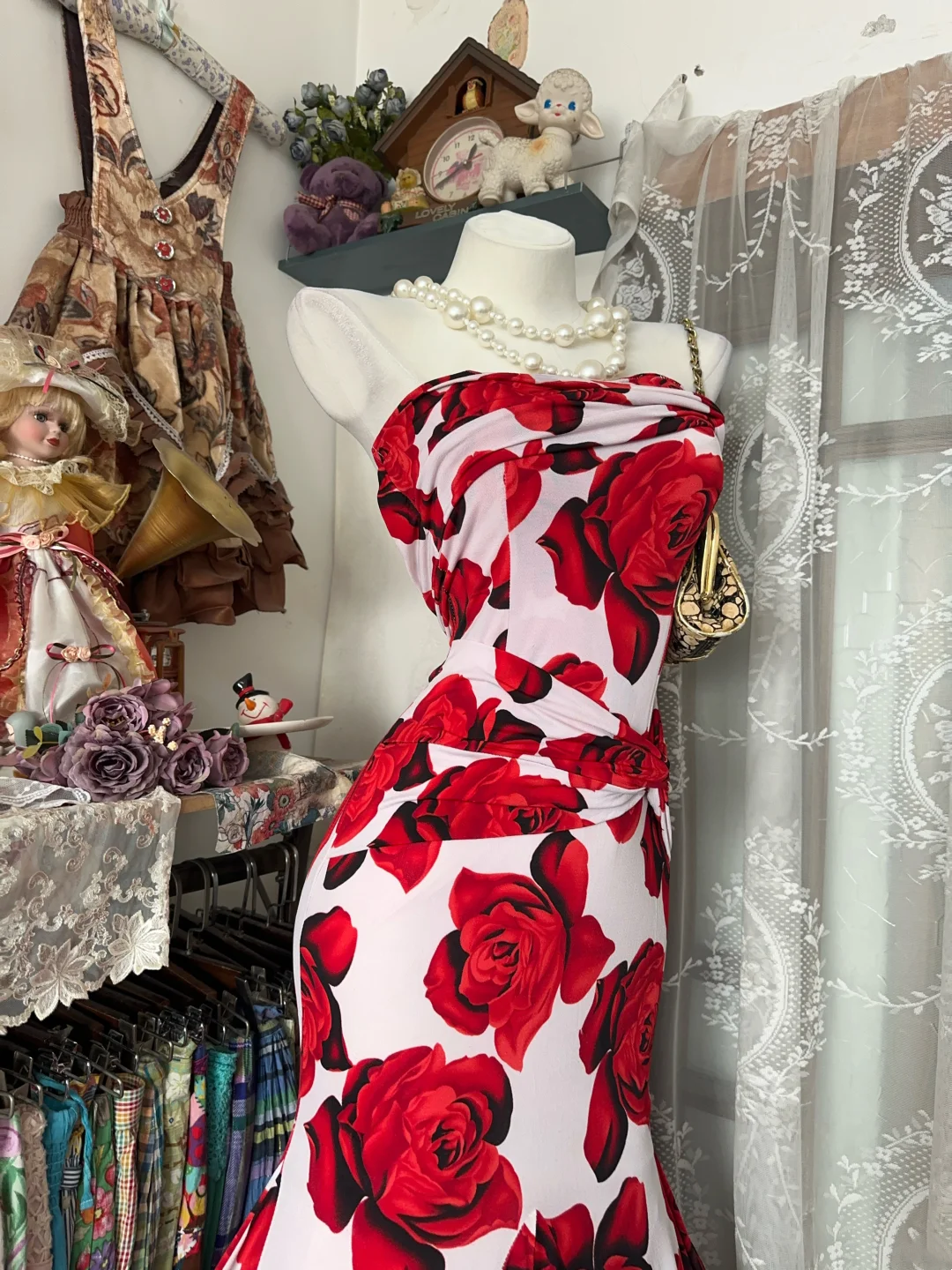 Rose print vintage strapless fitted waist bodycon elegant ball gown, evening ball dress gh7195