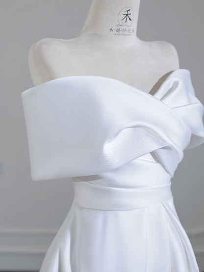 White satin off-the-shoulder fitted waist long ball gown/bridal dress R8252