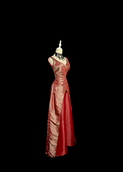 Red halter-neck retro-style fitted long elegant ball gown R8101