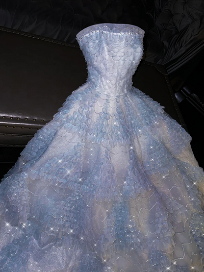 Light blue strapless, fitted waist, full skirt, long ball gown, bridal dress R8768