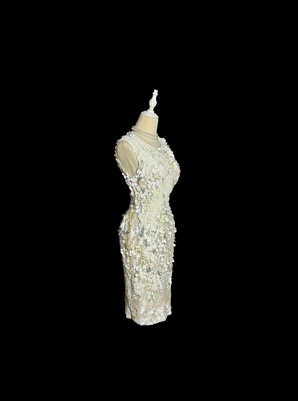 White sleeveless sequined fitted waist short ball gown R6612