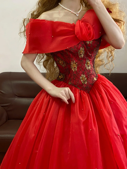 Red Off-the-Shoulder Waist-Cinched Retro Long-Sleeve Elegant Ball Gown, Bridal Gown R7325