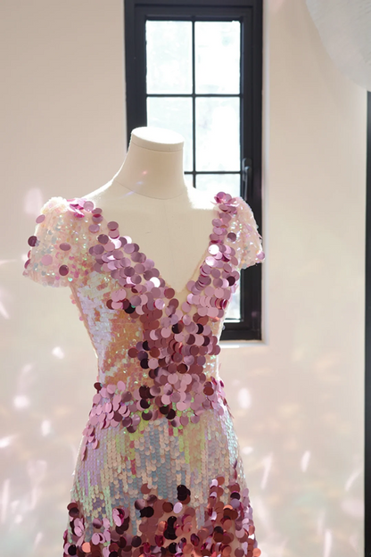 Pinkish-purple V-neck sequined fitted long ball gown, bridal dress R8554