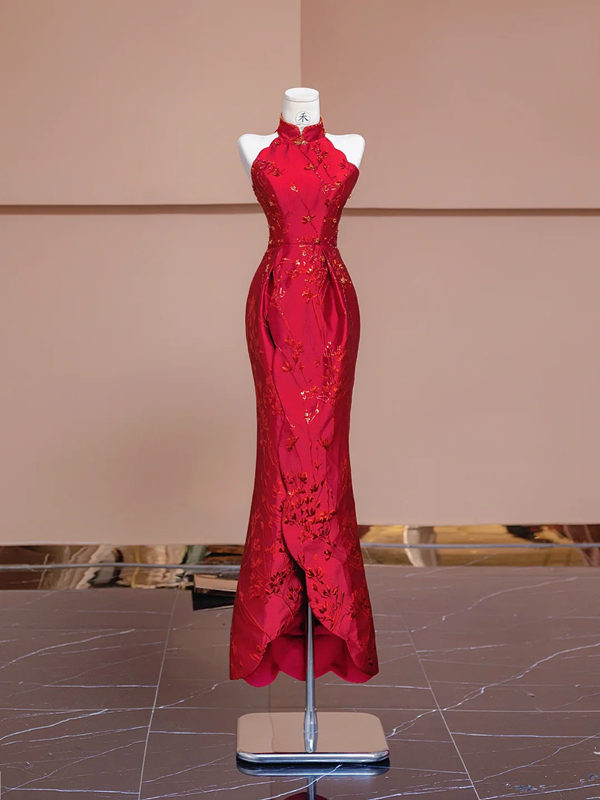 Red sleeveless fitted waist slim-fitting Chinese-style sexy and elegant ball gown/bridal dress R8339