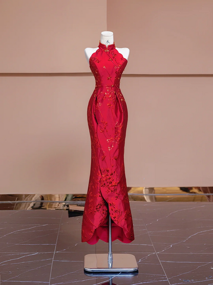 Red sleeveless fitted waist slim-fitting Chinese-style sexy and elegant ball gown/bridal dress R8339