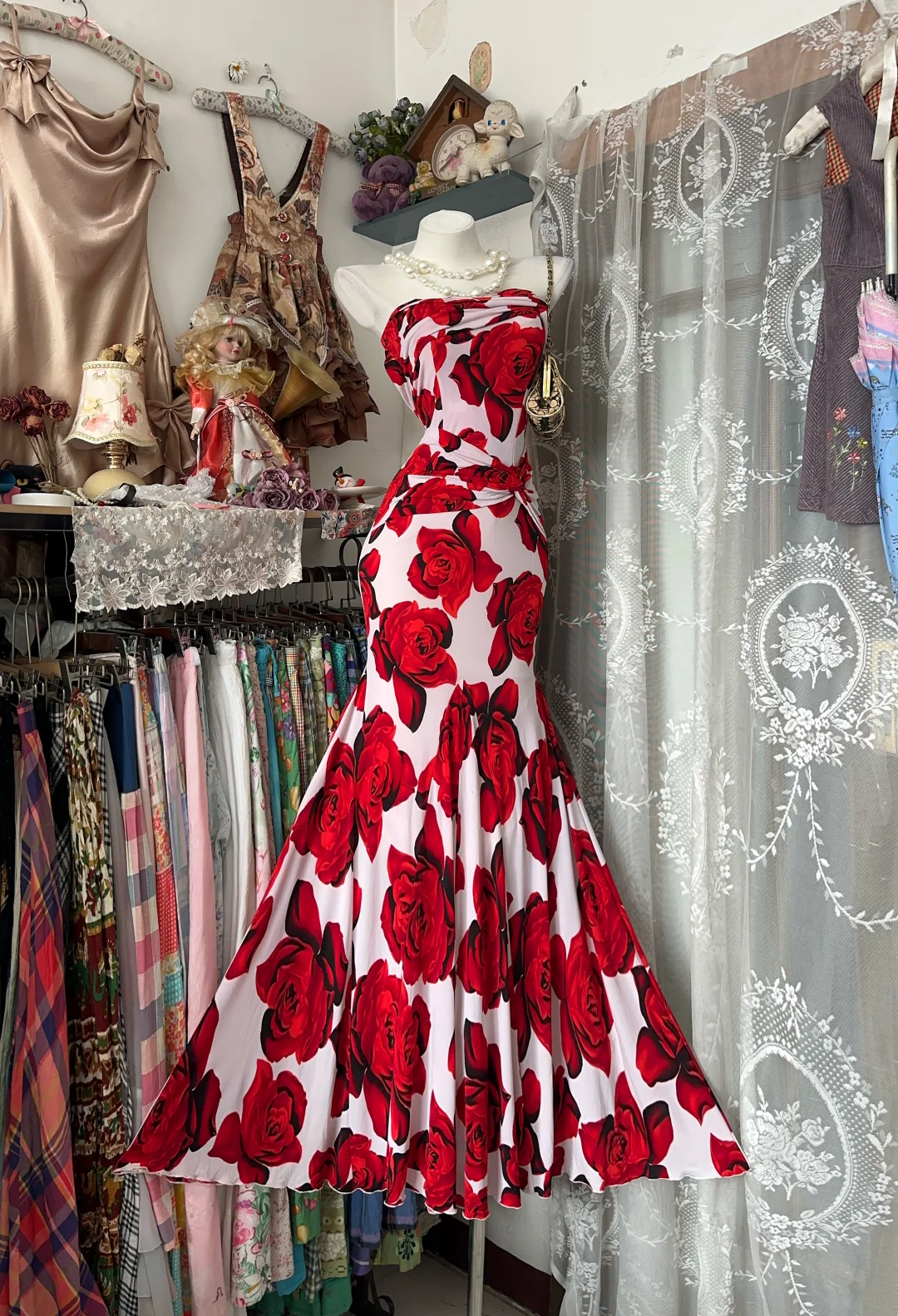 Rose print vintage strapless fitted waist bodycon elegant ball gown, evening ball dress gh7195