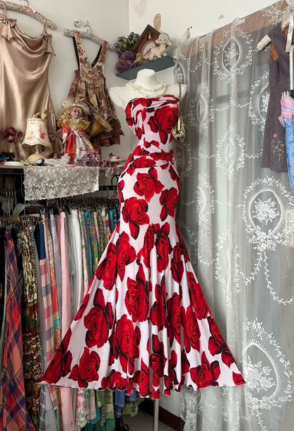 Rose print vintage strapless fitted waist bodycon elegant ball gown, evening ball dress gh7195