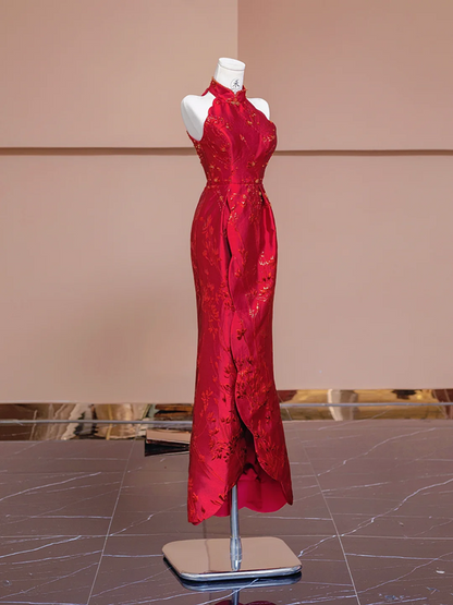 Red sleeveless fitted waist slim-fitting Chinese-style sexy and elegant ball gown/bridal dress R8339