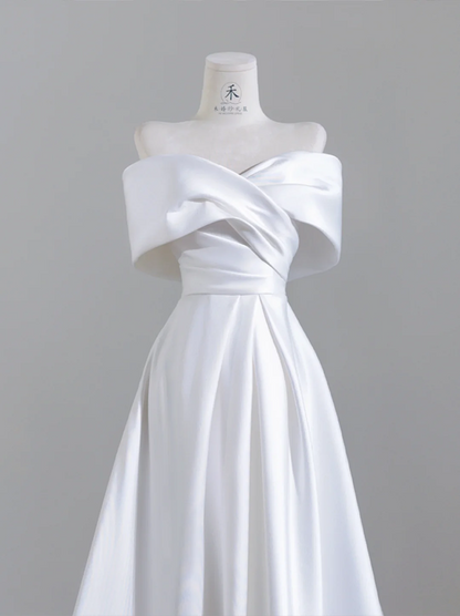 White satin off-the-shoulder fitted waist long ball gown/bridal dress R8252