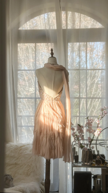 Champagne pink beaded bodice, fitted waist, tiered skirt, short ball gown R7687