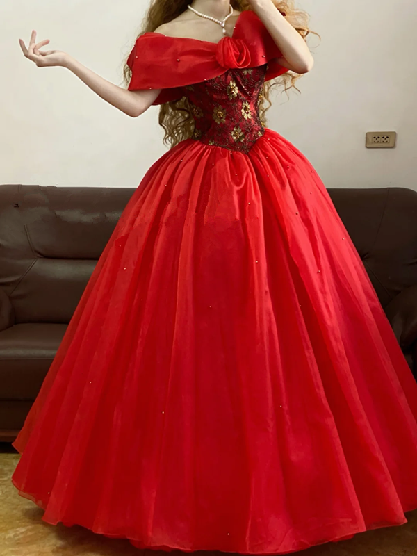 Red Off-the-Shoulder Waist-Cinched Retro Long-Sleeve Elegant Ball Gown, Bridal Gown R7325