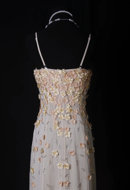 Fairy Spaghetti Straps Chiffon 3D Floral Beaded Mermaid Long Prom Dress Party Gown
