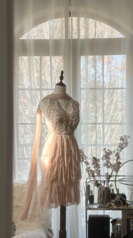 Champagne pink beaded bodice, fitted waist, tiered skirt, short ball gown R7687