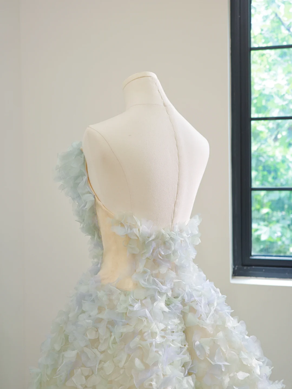 Light blue one-shoulder floral dress with a full skirt, long ball gown R8487