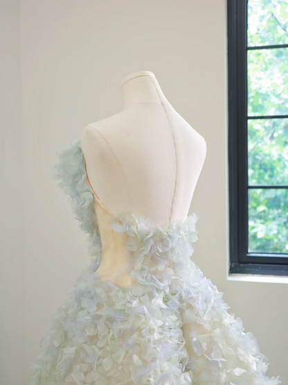 Light blue one-shoulder floral dress with a full skirt, long ball gown R8487