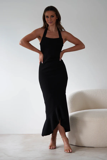 Hanging neck neckline off shoulder lotus leaf edge design Prom dress - Dress