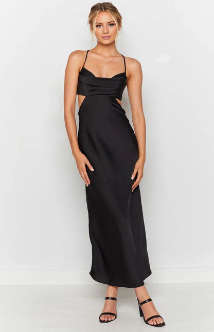 collar neckline thin shoulder strap backless satin long Prom dress