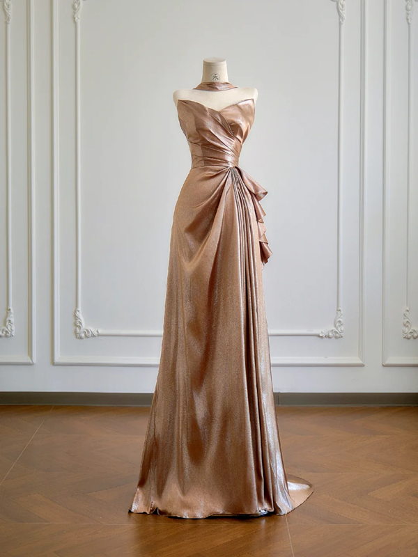 Brown strapless fitted waist elegant satin long ball gown R8166