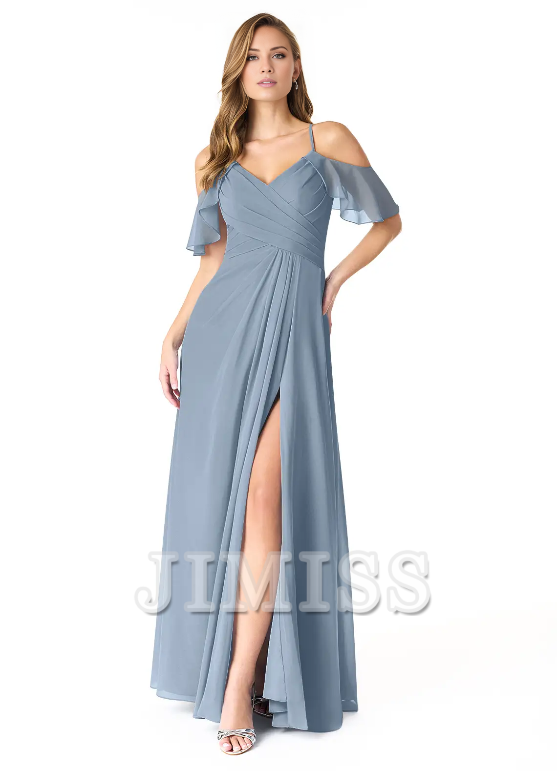 A-line V-neck pleated chiffon side slit and floor length bridesmaid dress - Dress