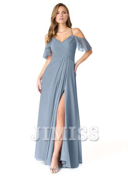 A-line V-neck pleated chiffon side slit and floor length bridesmaid dress - Dress