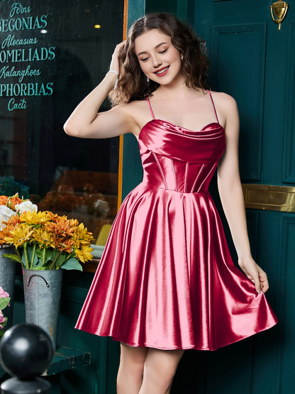 Thin shoulder strap tied with satin mini Homecoming dress