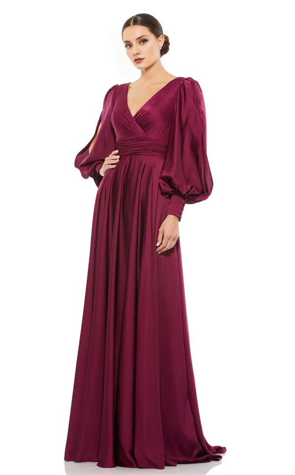 A-line V-neck satin long sleeved back zipper and floor length Prom dress