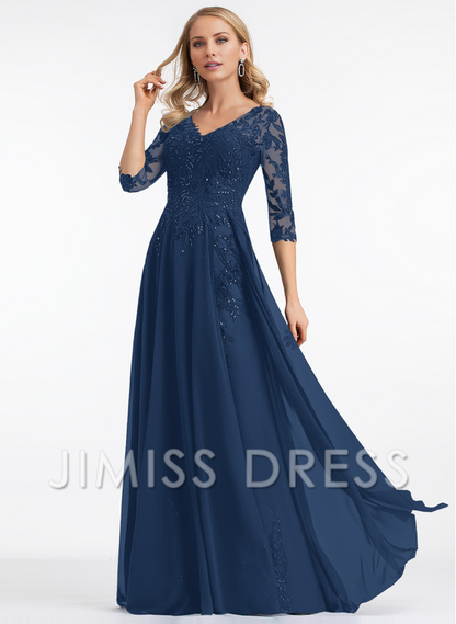 A-line V-neck floor mopping lace chiffon with sequins, mother of the bride dress