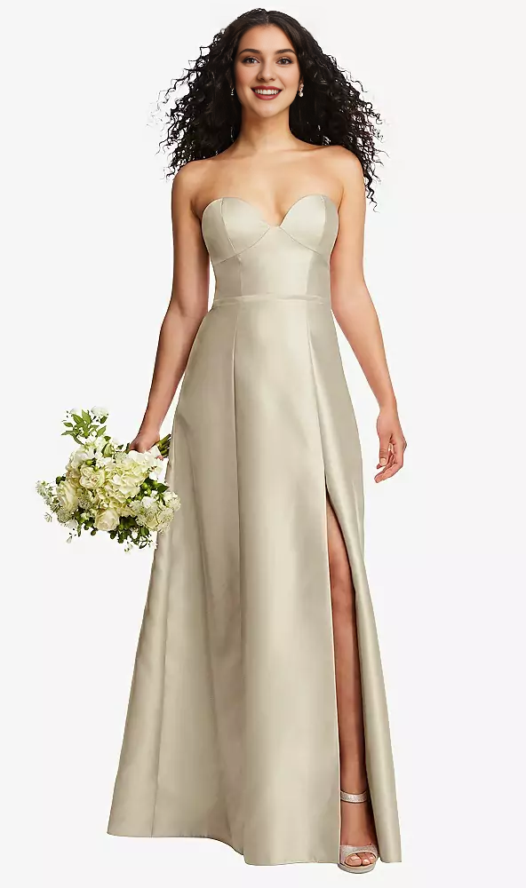 Front slit strapless tight corset A-line satin Prom dress