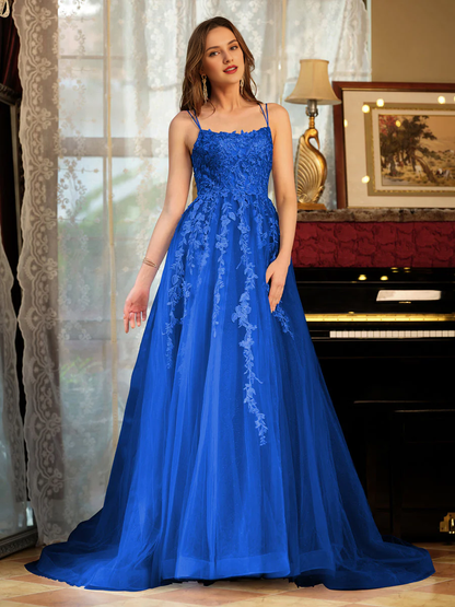 A-line princess chiffon thin shoulder strap embroidered long ball dress