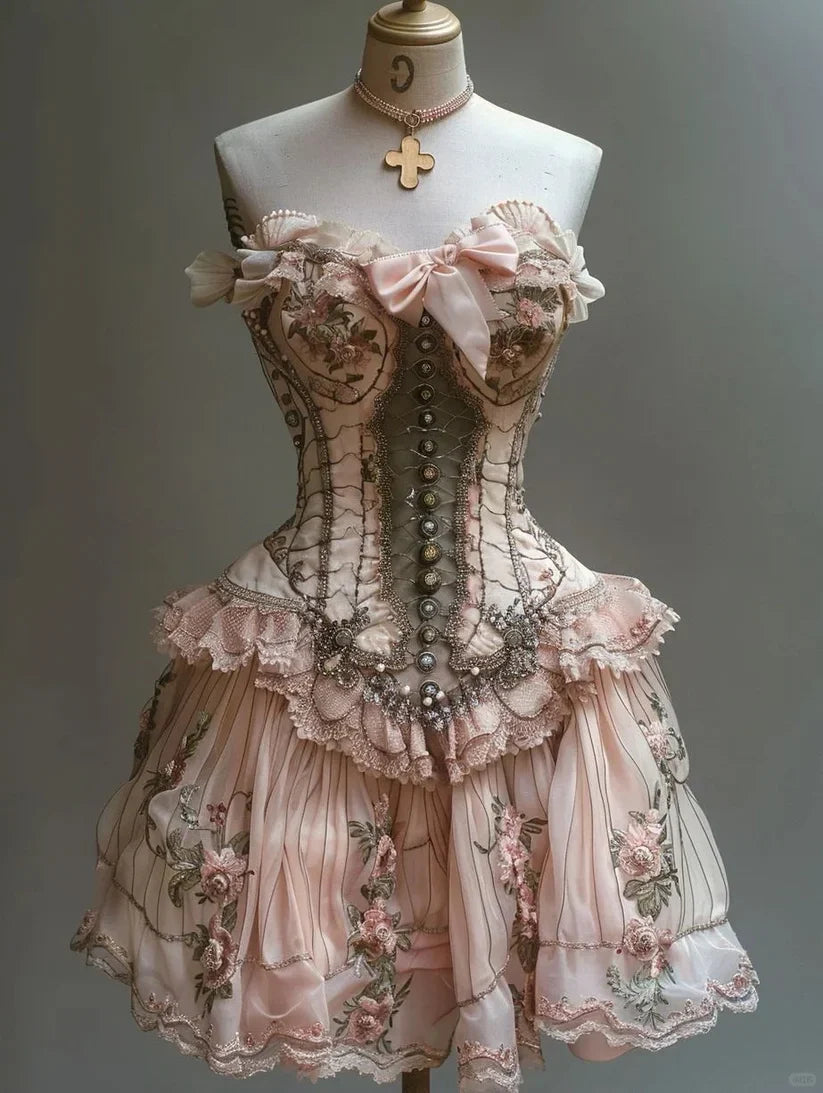 Retro Strapless Sweetheart Lolita Princess Dress A-line Floral Beaded Chiffon Party Dress Homecoming Dress TP4088