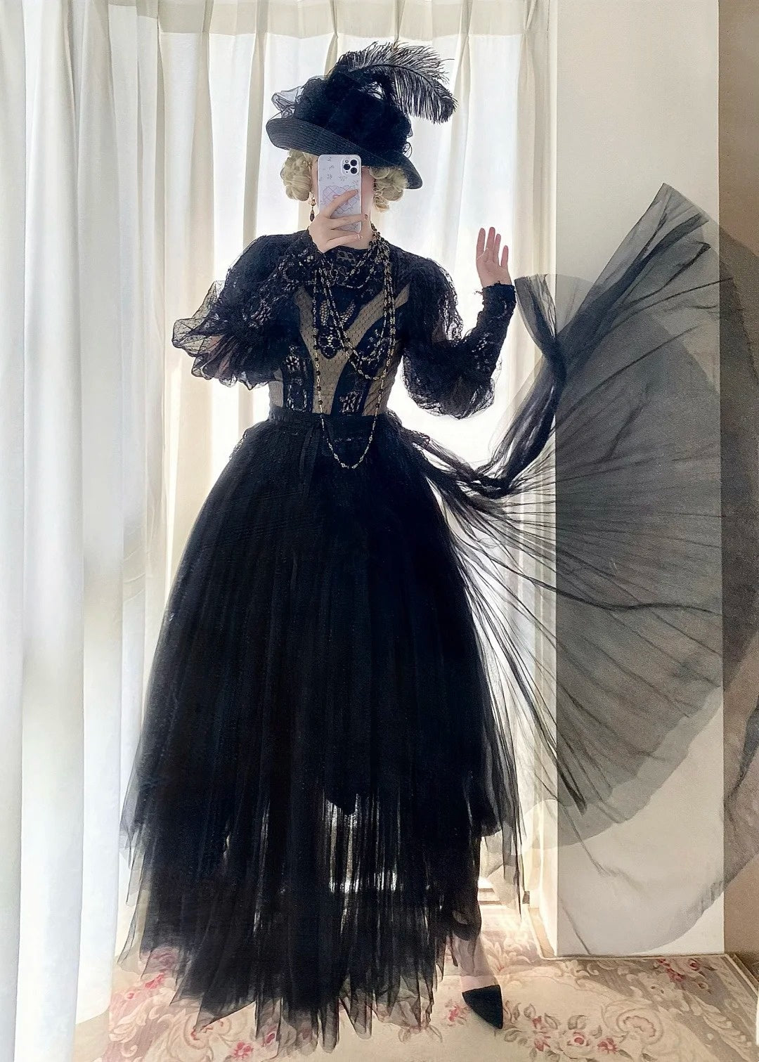 Dark Gothic Lace Tulle High Neck Long Sleeve Floor-length Ballgown Victorian Gothic Evening·Theme Party Dress gh6741
