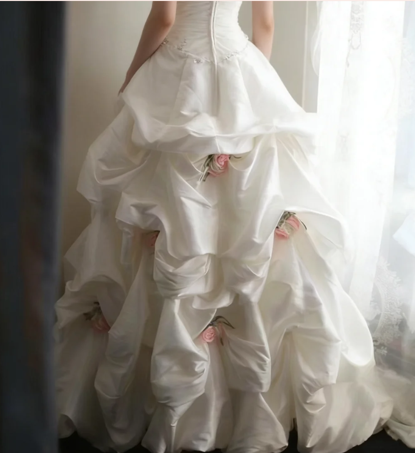 Elegant Strapless Ball Gown White Satin Pleated Floral Long Wedding Dress