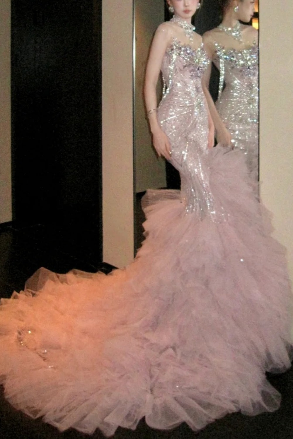 Pink Luxurious And Exquisite Pearl Embellishment Long Chiffon Mermaid Slim Fit Evening Gown gh6758