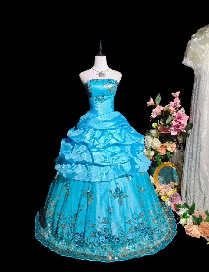 Gorgeous Strapless Quinceanera Dress Blue Satin Tulle Sequin Floral Ball Gown Sweet 16 Dress