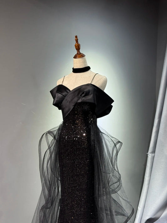Girlhomeshops -Black shiny elegant long sequined tulle Prom dress evening gown graduation dress gh5107