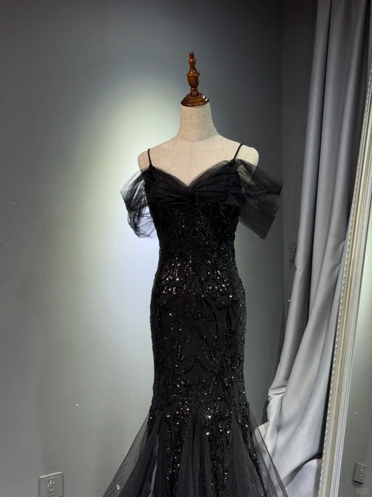 Girlhomeshops -Black shiny mermaid long sequined ball gown evening dress graduation dress gh5112
