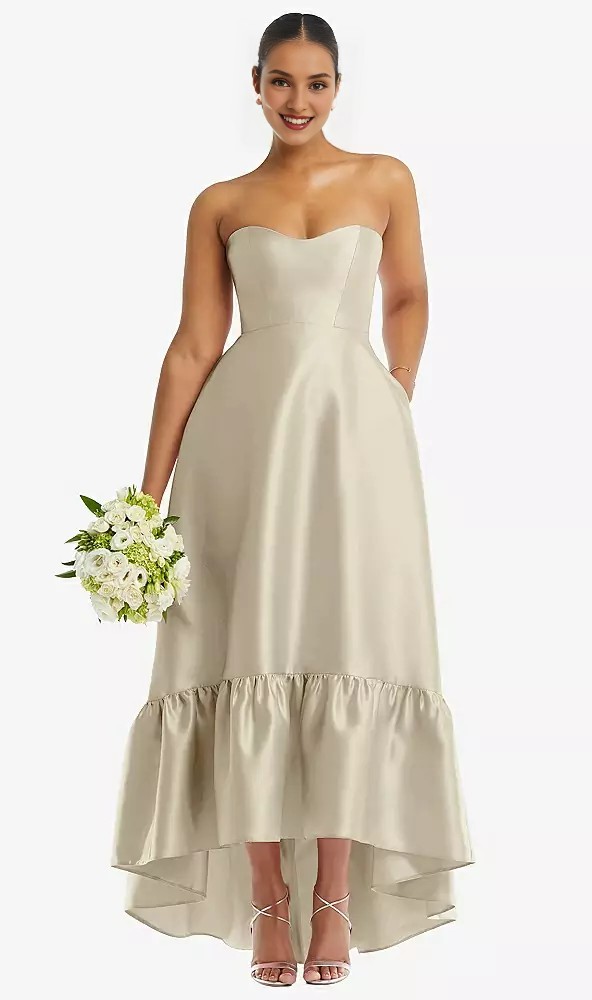 Pocket strapless deep ruffle hem satin high low prom dress