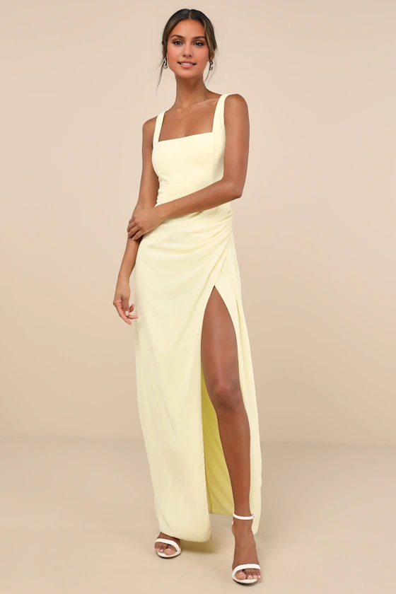 square neckline off shoulder sleeveless backless side slit and floor length evening dress