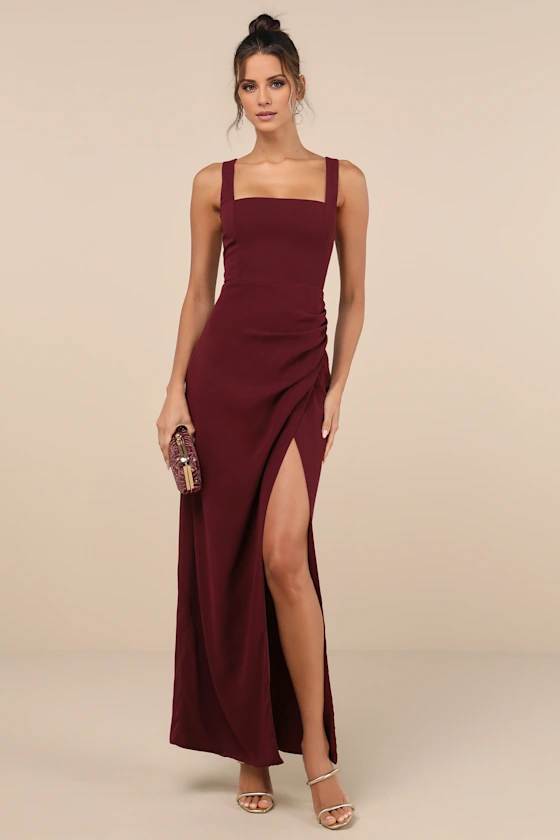 square neckline off shoulder sleeveless backless side slit and floor length evening dress