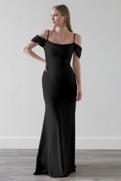slim shoulder strap with exposed back zipper and floor length evening dress