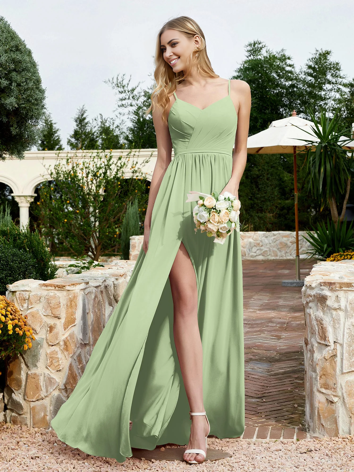 V-neck slim shoulder strap slit bridesmaid dress