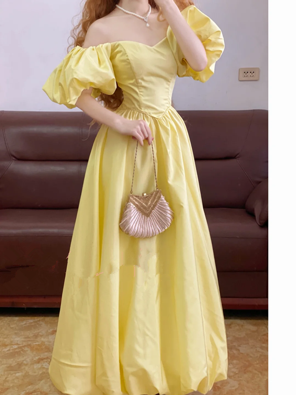 Light Yellow Puff-Sleeve Waist-Cinched Floor-Length Ball Gown, Bridal Gown R7343