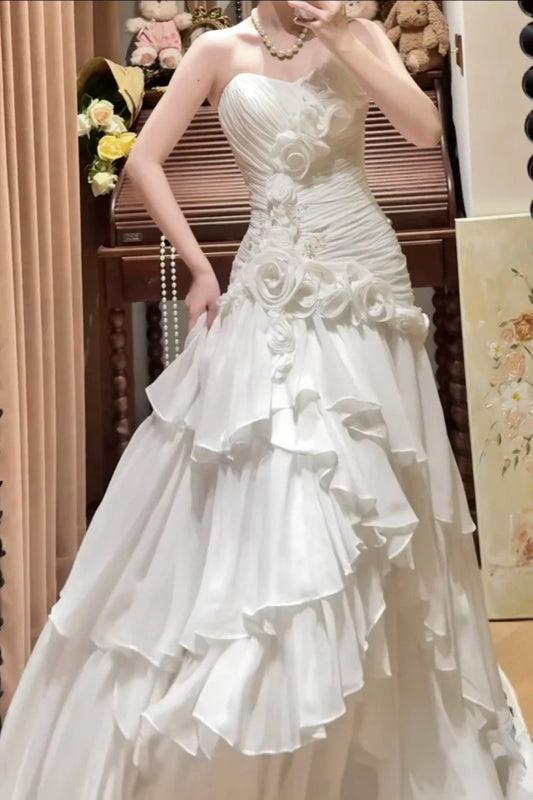 girlhomeshops-White Sweetheart Neckline Floral Long Tulle Princess Formal Prom Dress Graduation Dress Evening Dress Wedding Dress gh5976