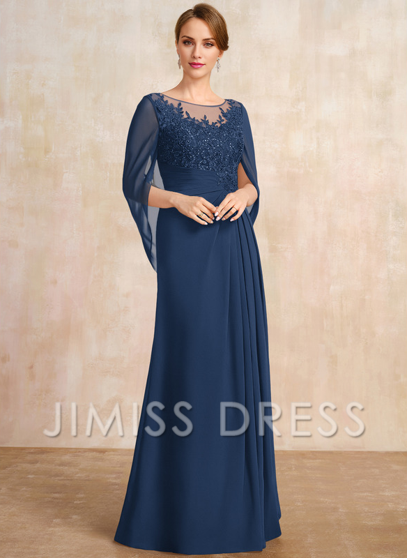 A-shaped Scoop Illusion floor lace chiffon with sequins and pleats, mother of the bride dress