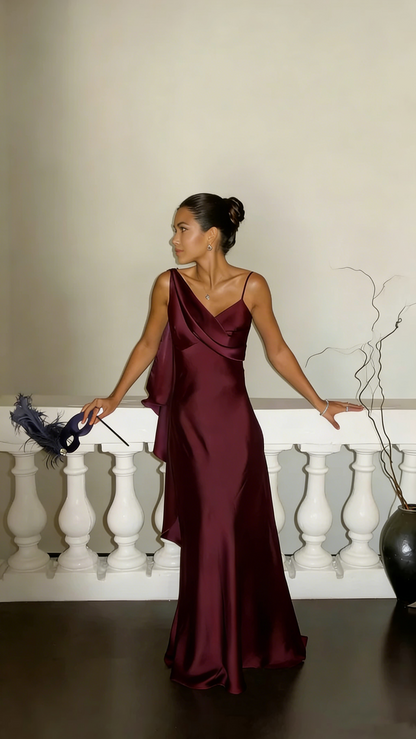 Classy V Neck Spaghetti Straps Dark Purple Satin Mermaid Long Wedding Guest Dress Formal Party Dress SP1537