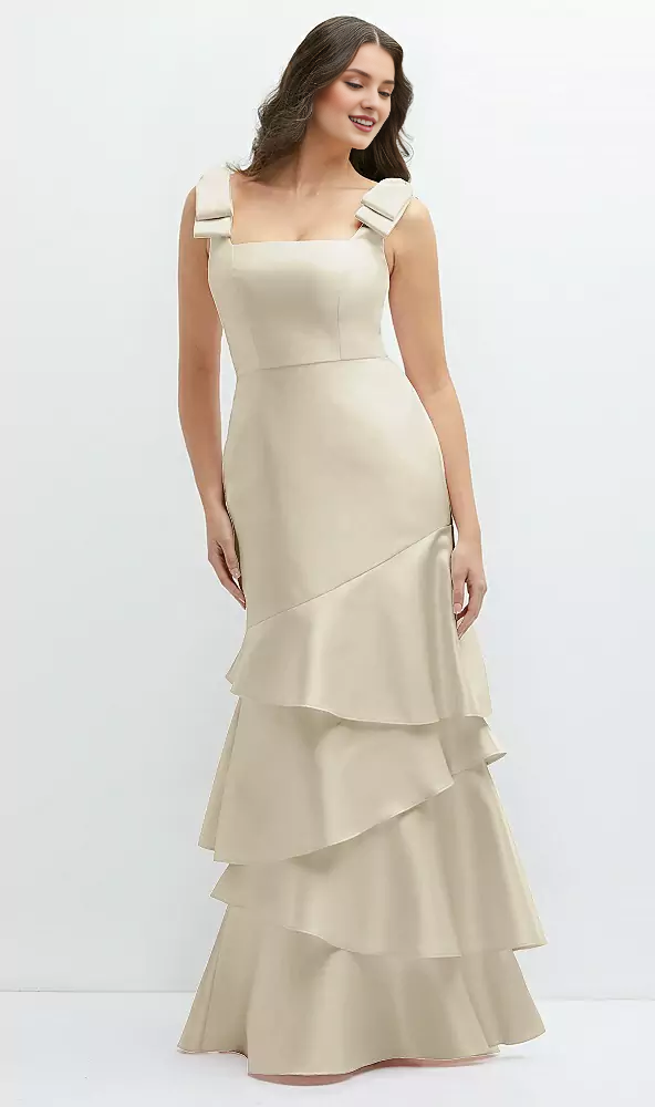 Asymmetric layered skirt with bow shoulder satin Prom dress