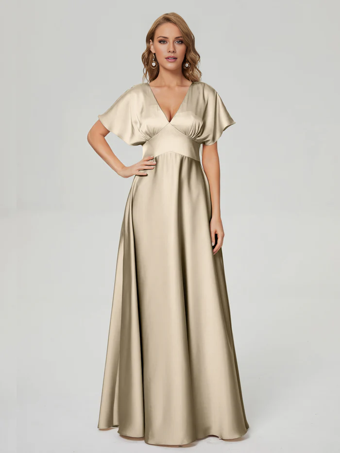 V-neck short sleeved and floor length Prom dress