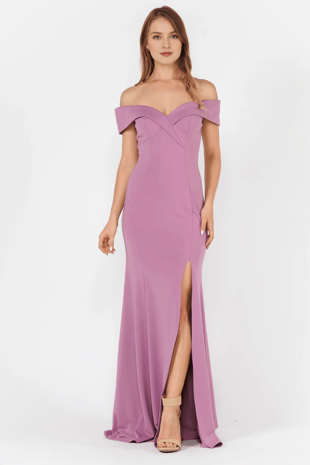 Front slit fit long off shoulder plain knit dress