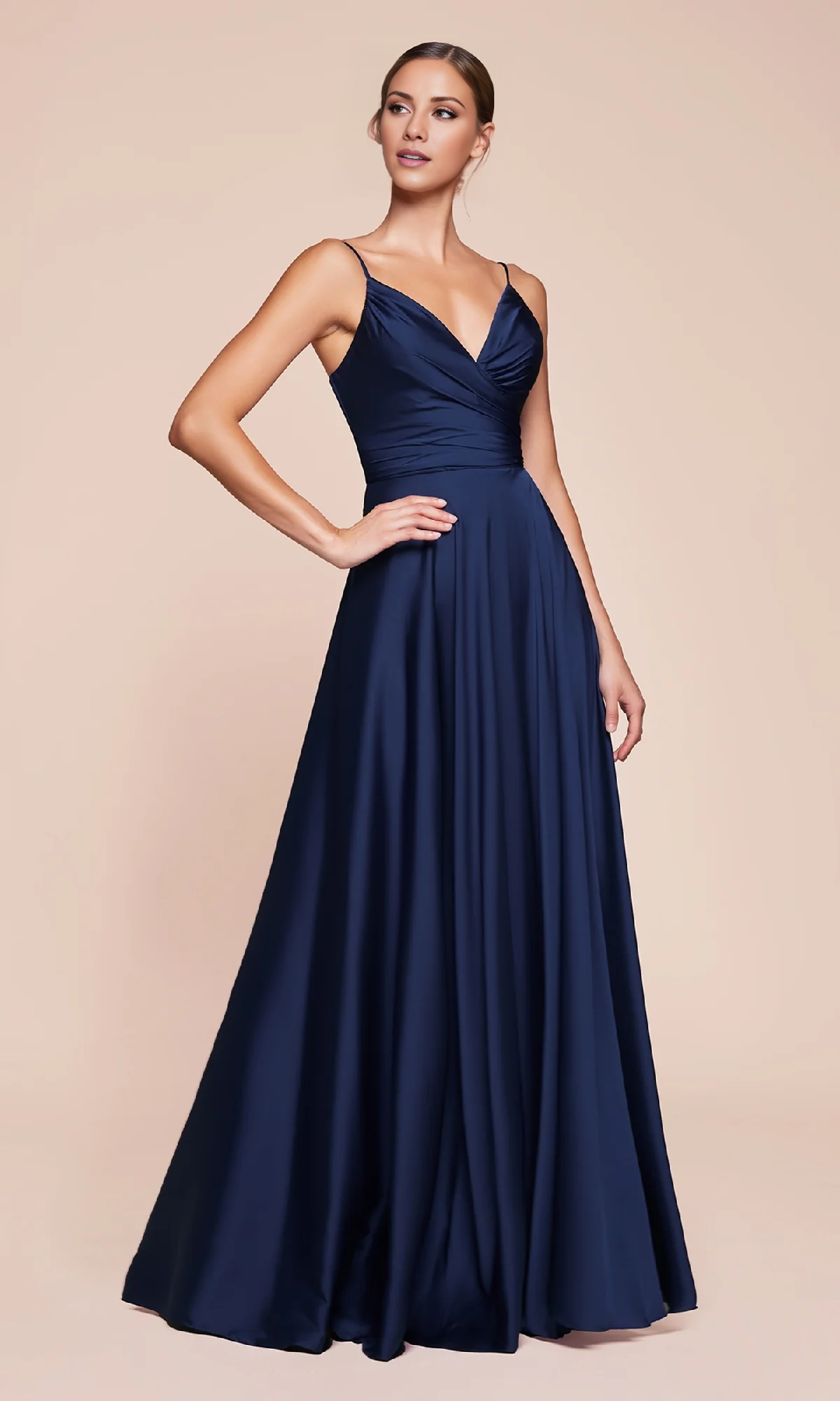 A-line V-neck slim shoulder strap tight corset with side slit and floor length Prom dress