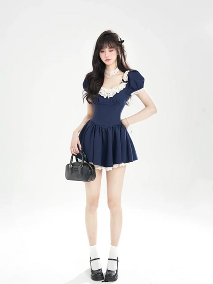 Navy blue puff sleeve waist slim short skirt homecoming dress R5262